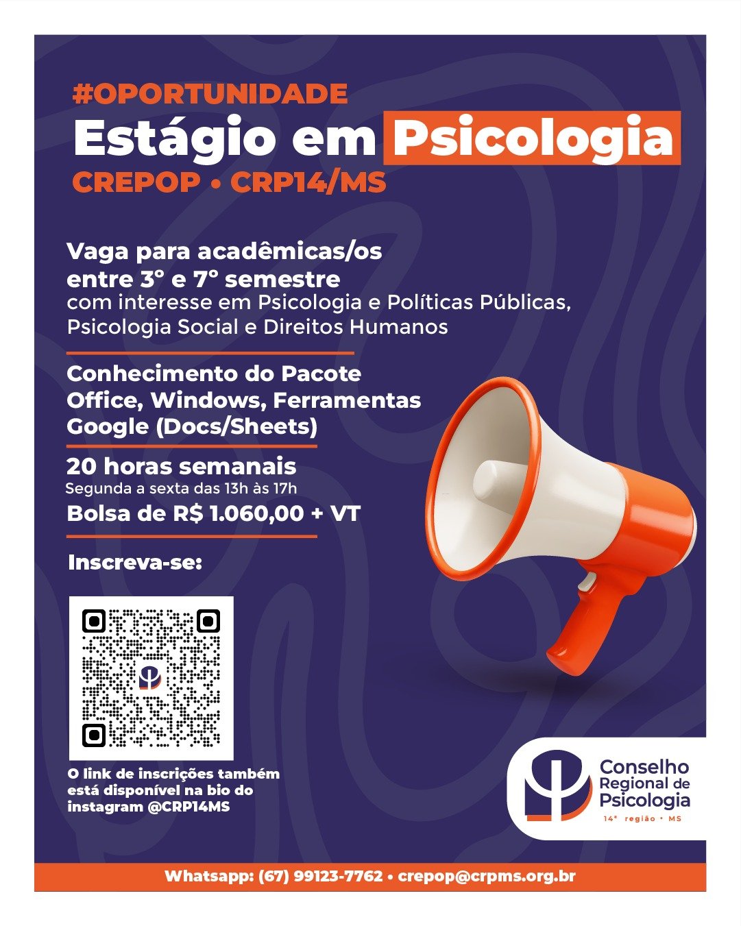 Leia mais sobre o artigo OPORTUNIDADE:  Estágio em Psicologia | CREPOP – CRP14/MS